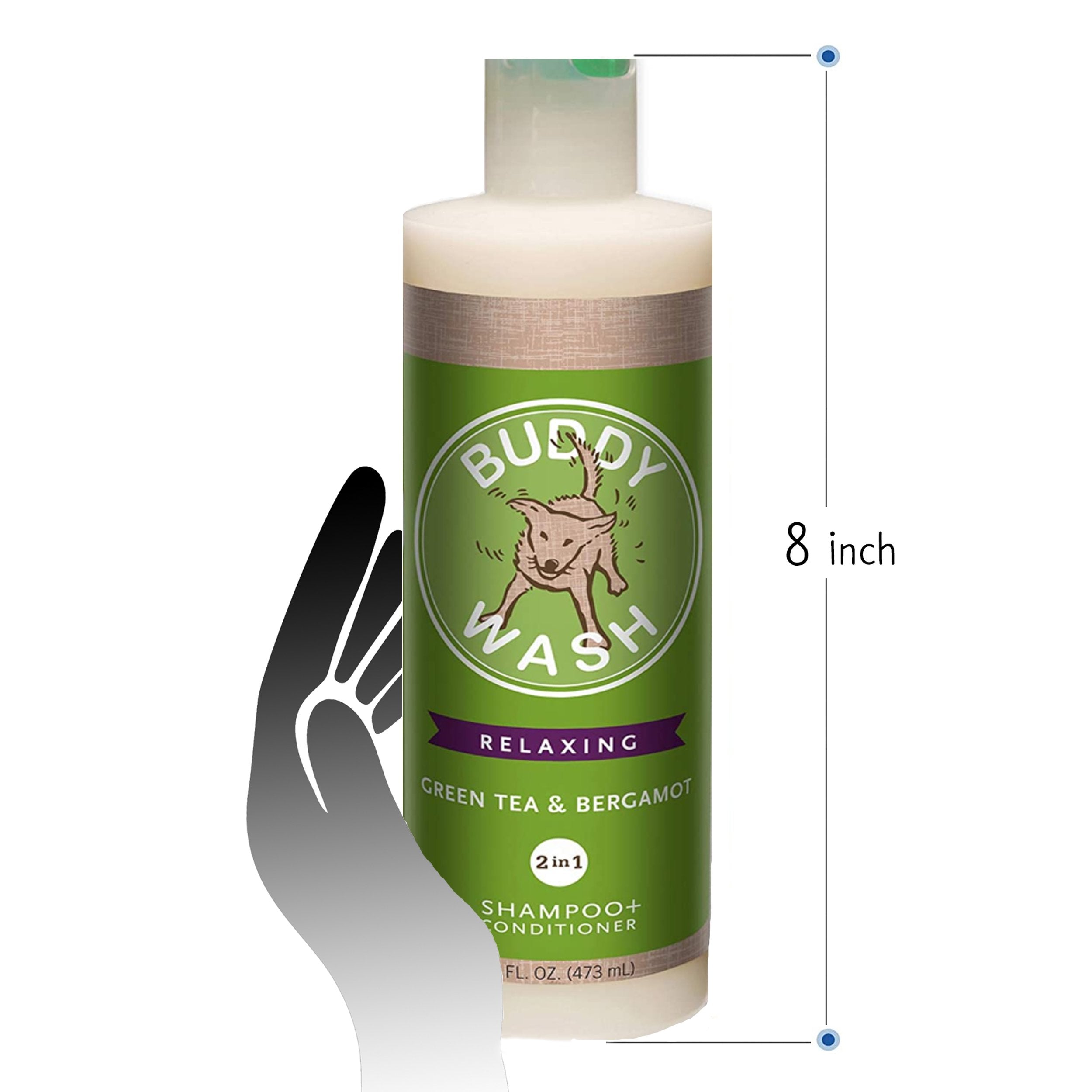 Buddy Wash Relaxing Bergamot 2in1 Shampoo and Conditioner 16 fl oz for dogs Fresh and Clean Coat Softener Size measurements 8 Inch Bottle 