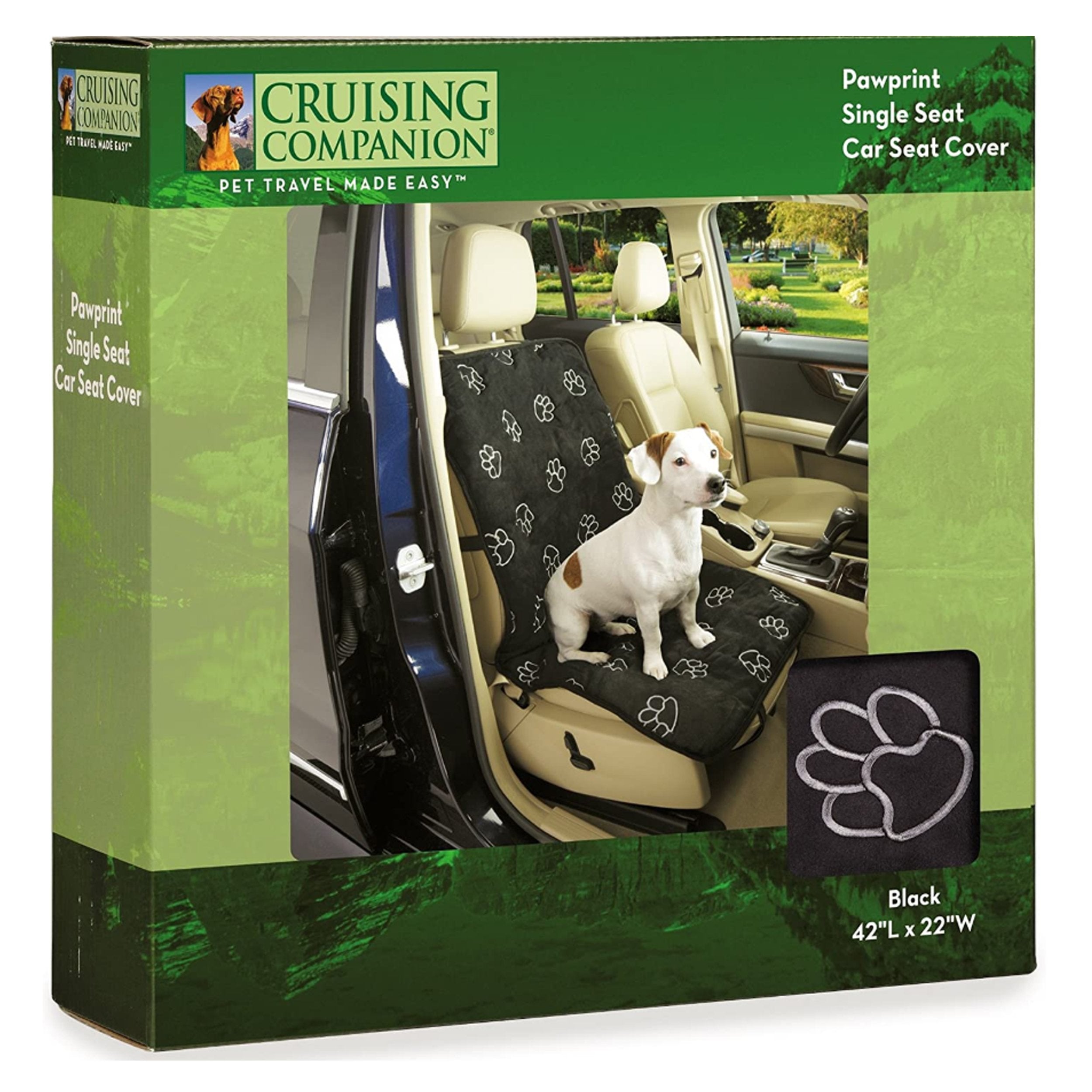 Cruising Companion Single Car Seat Cover Black with Vibrant white Paw Print Pattern for Travel with Dogs for No Messy Hair on seats