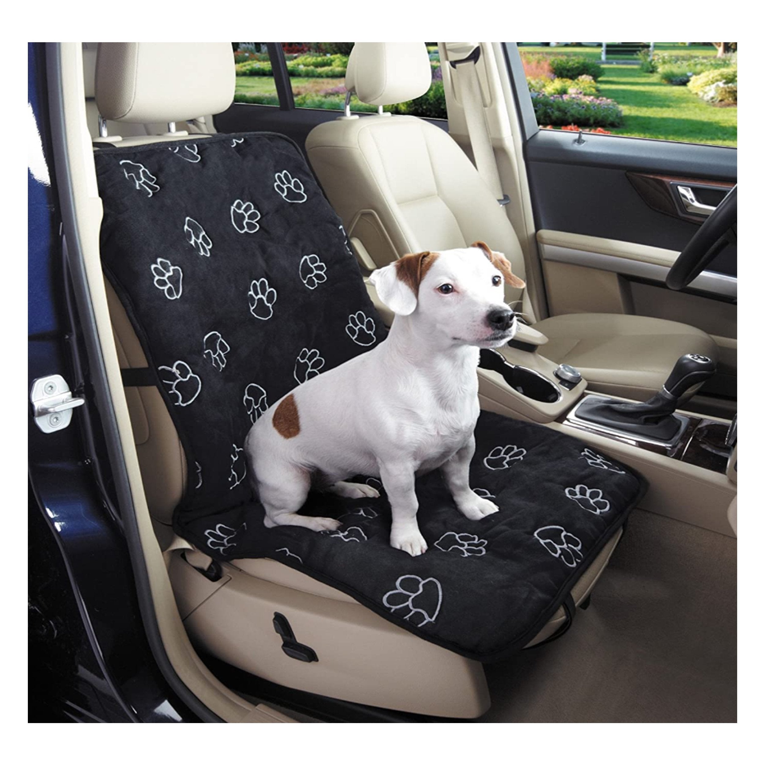 Cruising Companion Single Car Seat Cover Black with Vibrant white Paw Print Pattern for Travel with Dogs for No Messy Hair on seats