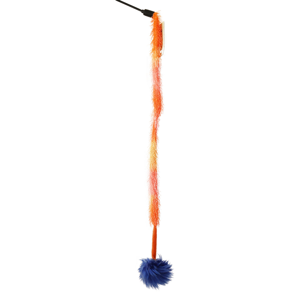 Interactive Crazy Cat Wand Stick toy Sunset Orange with Blue Fuzzy Faux Fur Ball Fun String Cat toy for Cats and Kittens 