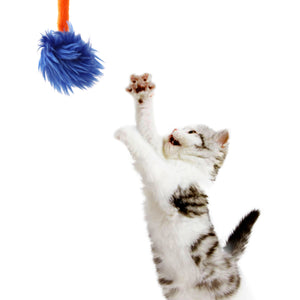 Interactive Crazy Cat Wand Stick toy Sunset Orange with Blue Fuzzy Faux Fur Ball Fun String Cat toy for Cats and Kittens Detailed Kitty Model excited Playing