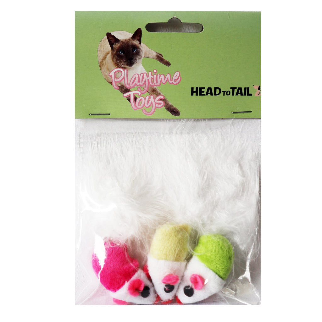One pack 3 piece cat toy includes one pick, yellow, and green mouse with fluffy tails to entertain and attract cat or kitten toy