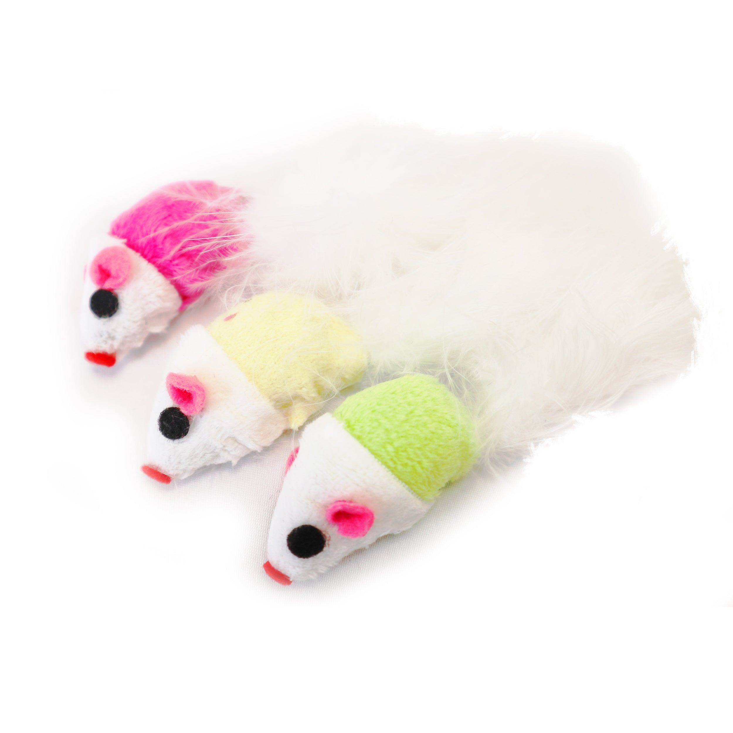 One pack 3 piece cat toy in a row includes one pick, yellow, and green mouse with fluffy tails to entertain and attract cat or kitten toy