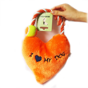 Orange Soft Plush Tug Toy with Rope Arch Attached with Tennis Ball Around Rope Labeled I heart My Dog