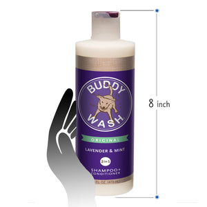 Buddy Wash Lavender & Mint 2in1 Shampoo and Conditioner 16 fl oz for dogs Fresh and Clean Coat Softener Description Specially Formulated to Clean and Moisturize dogs coat and creates soothing bath experience and calming scent size measurements 8 inch bottle 