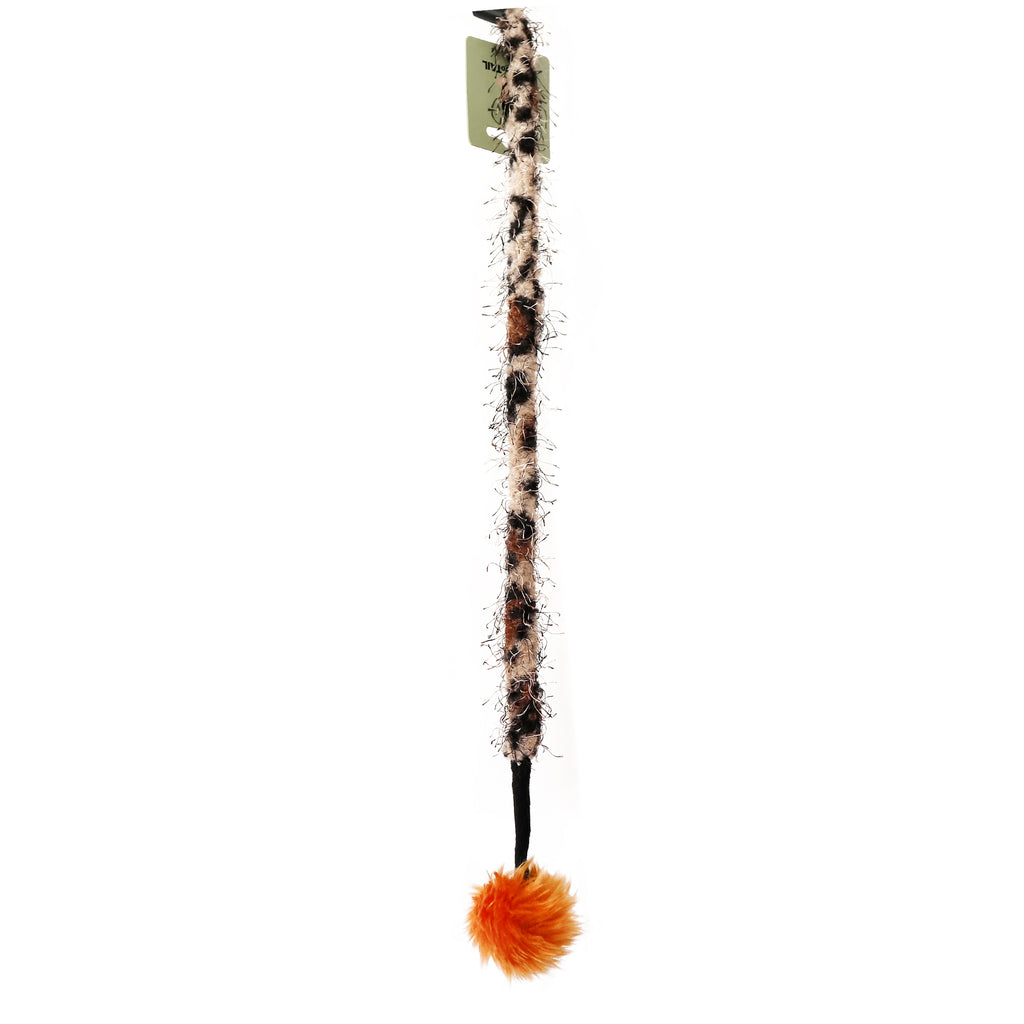 Leopard Print Fluffy Ball Interactive Cat Wand Stick Toy for Cats and Kittens Made with Faux fur and Black Plastic Stick