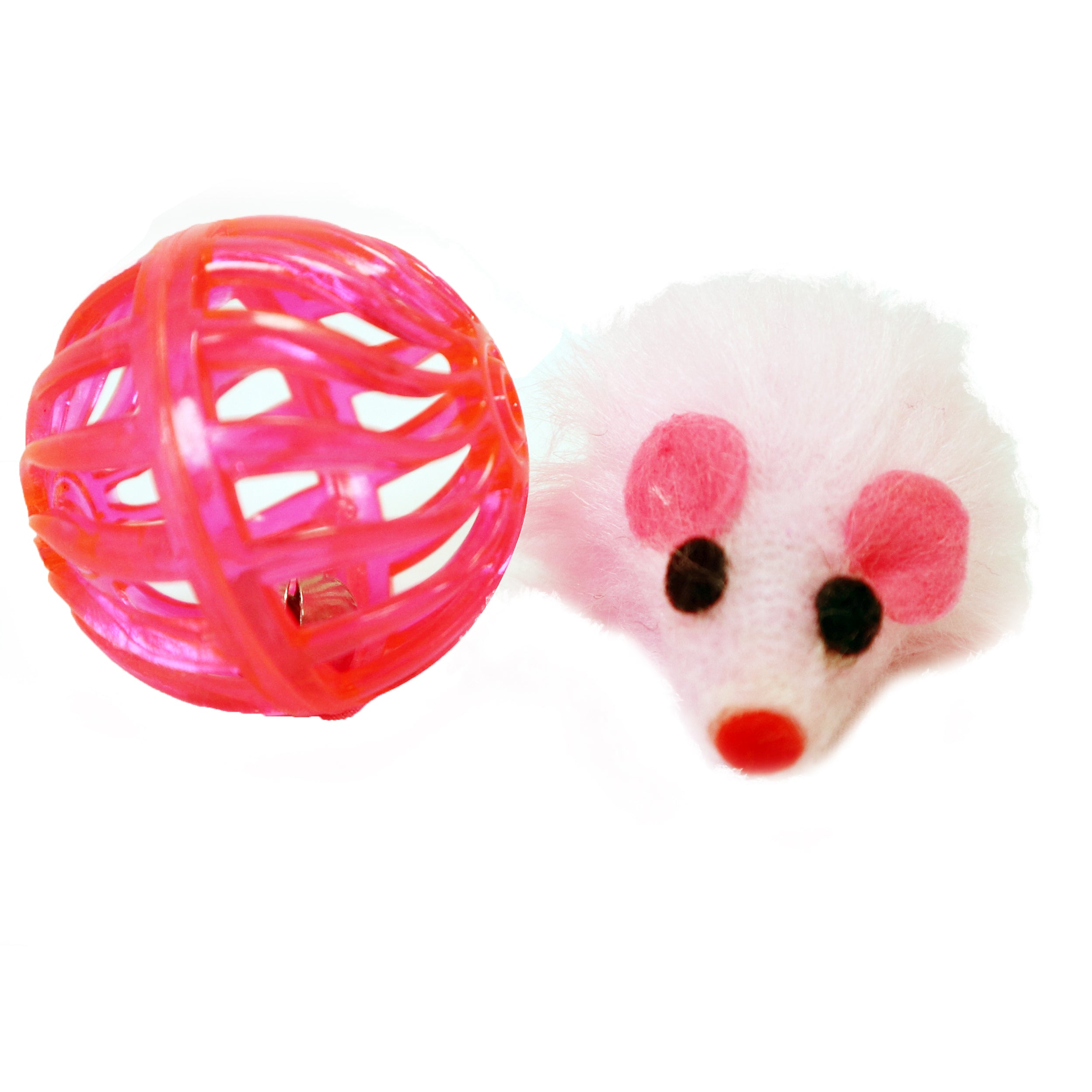 Pink Multitextured Ball Ball with one Furry Pink mouse with String Tail 2 piece one pack cat toy for cats and kittens fun exciting toy Close Up detailed image 