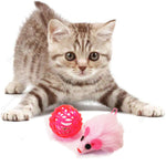 Load image into Gallery viewer, Pink Multitextured Ball Ball with one Furry Pink mouse with String Tail 2 piece one pack cat toy for cats and kittens fun exciting toy. Image with kitten playing 
