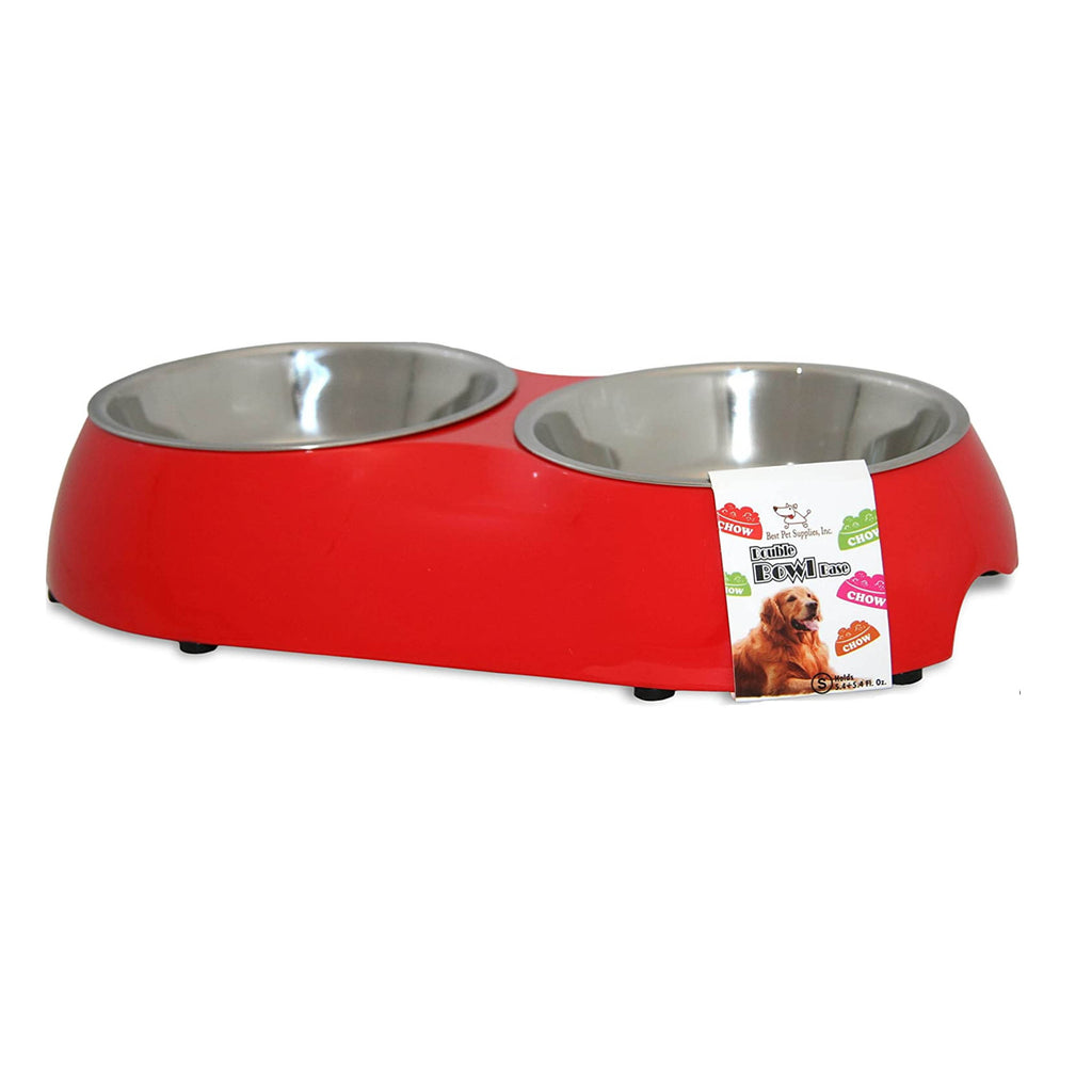 Best Pet Supplies Limited Edition Double Pet Bowl Base with 2 detachable Silver Bowls, Tomato Red Base 